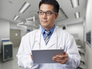 Doctor holding clipboard looking up